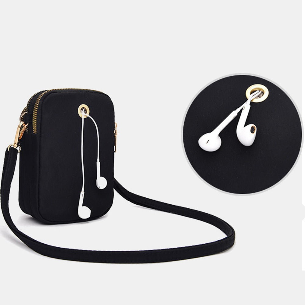 's Compact Crossbody Bag - Heart-Shaped Window with Golden Zipper, Adjustable Strap, Oxford Cloth Purse with Coin Pocket & Headphone Jack - Lightweight Everyday Bag for, Phone Purse for Travel, Work, School - Black Crossbody Bag with Butterfly Heart Print