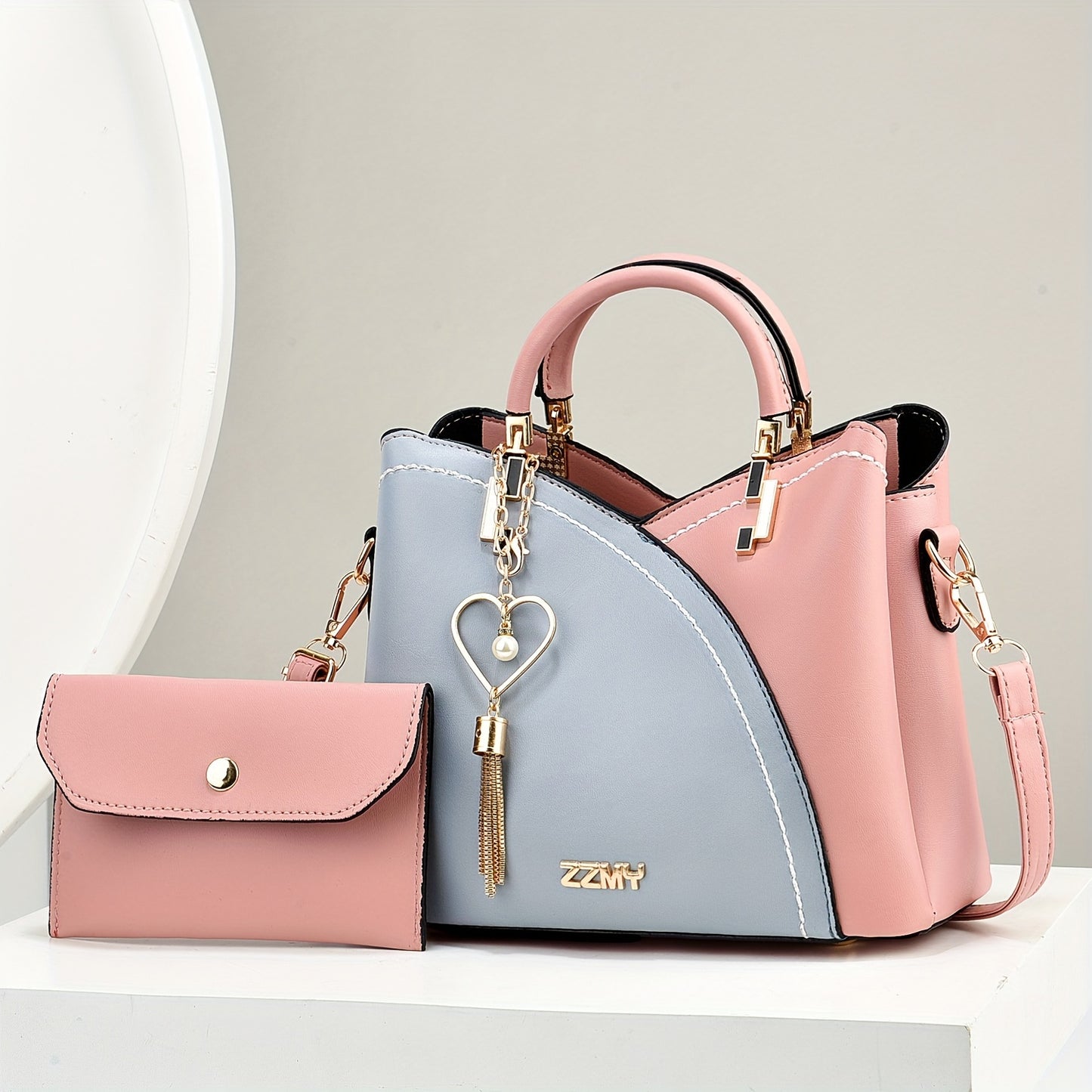2pcs Set Fashion Colorblock Tote Bag with Shoulder Strap And Matching Clutch, Women'S Elegant Handbag And Crossbody Purse Combo