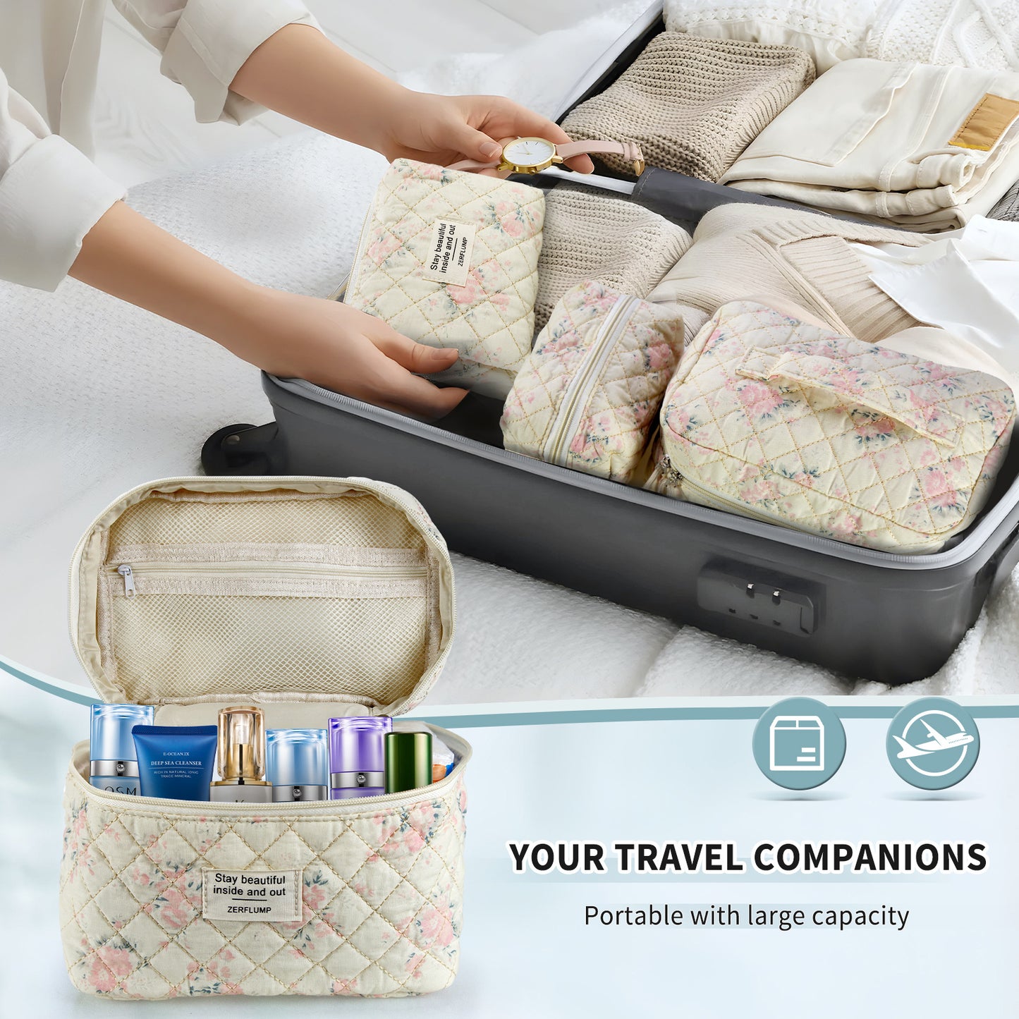 Cute Quilted Floral Makeup Bag (3Pcs)Coquette Aesthetic Cosmetic BagTravel Toiletry Bags Kawaii Aesthetic pouch for Women