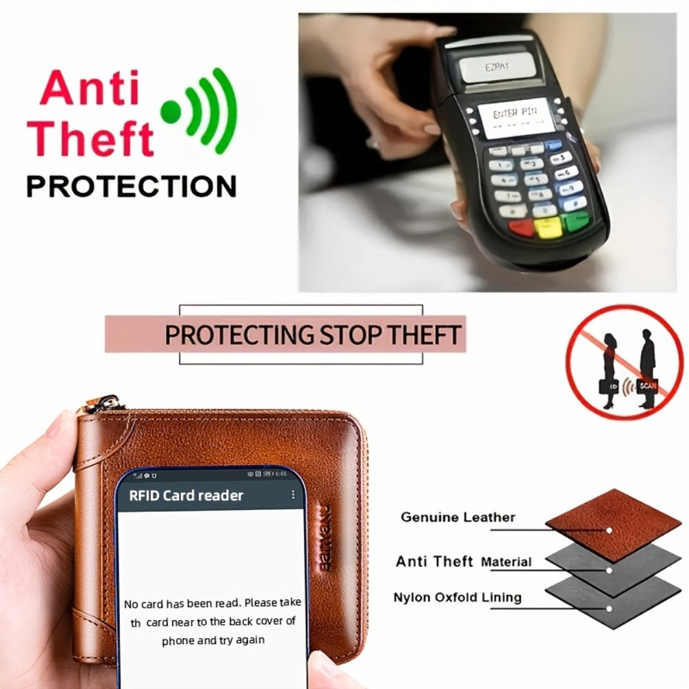 BANYANU Retro Men's Leather Zipper Wallet RFID Large Capacity Folding Multi Card Head Layer Leather Wallet Can Put Coins Wallet Father's Day Valentine's Day Gift 8 Card Slots