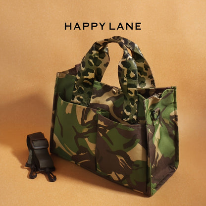 [HAPPY LANE Hot Item] Camouflage Handbag for Women, Green-Brown Camo Print, Comes with Matching Removable Wide Shoulder Strap, Metal Snap Closure, Large Capacity Tote Bag, Can Be Carried by Hand Or Worn Crossbody