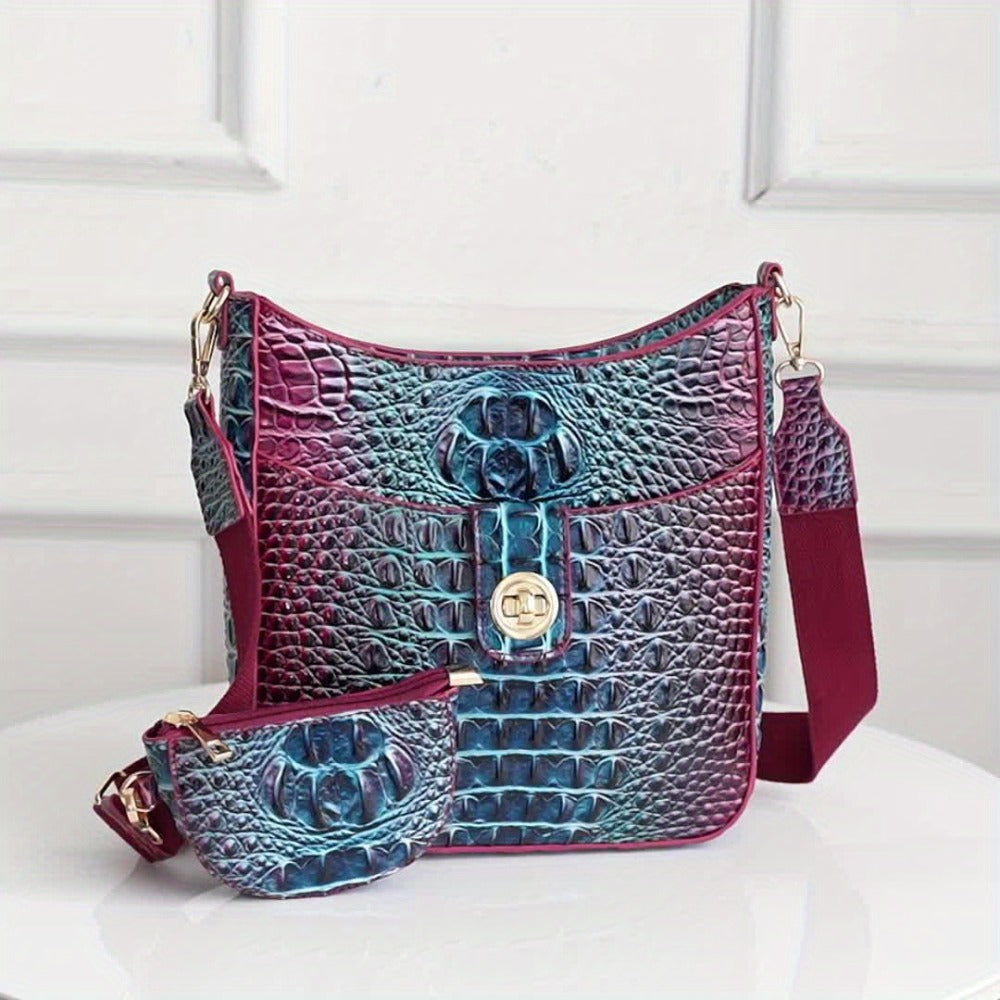 Trendy Crossbody Bag with Crocodile Pattern - Premium Bucket And Coin Purse Style - Multi-Purpose Shoulder Bag Suitable for Any Event