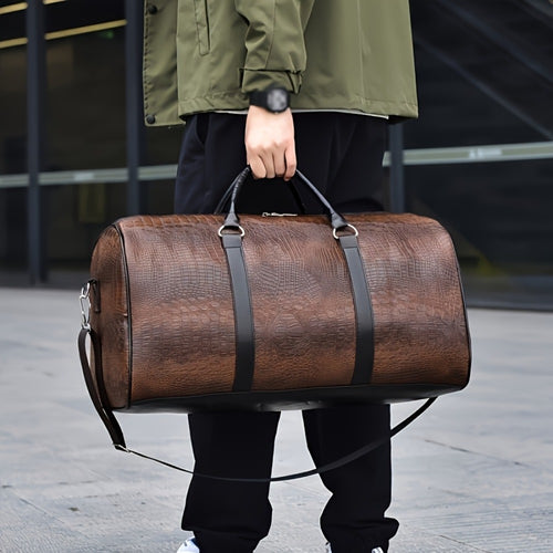 Vintage Crocodile Pattern Luggage | Retro Style | Large Capacity | Black And Dark Brown | Multifunctional Travel Handbag with Shoulder Strap