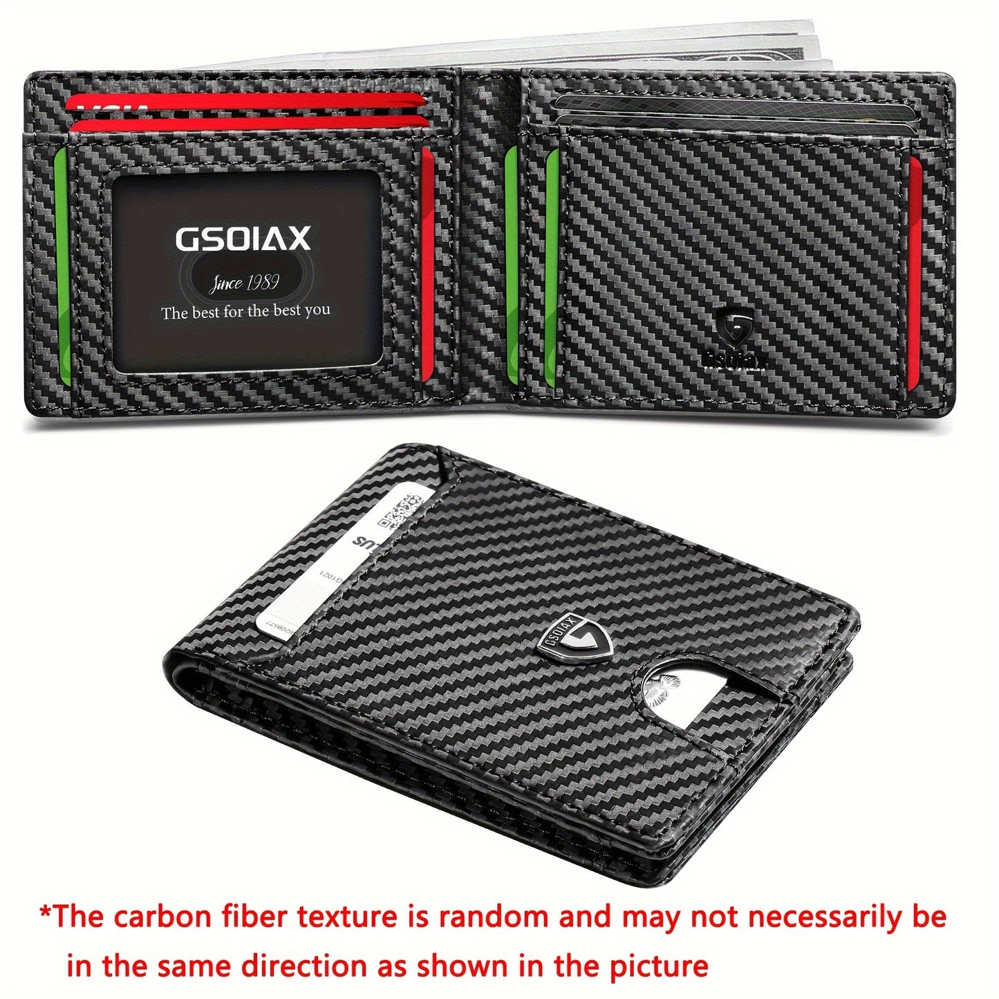 A Minimalist Ultra-thin Leather Wallet For Men With RFID Blocking, Double Folding Credit Card Holder With A Carbon Fiber Appearance, Comes With A Gift Box.