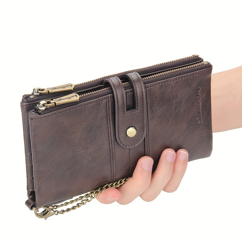 Men'S Rfid-Blocking Bifold Wallet with Anti-Theft Chain, Double Zipper, Secure Handbag, Coin Pocket, And ID Window - Perfect Gift