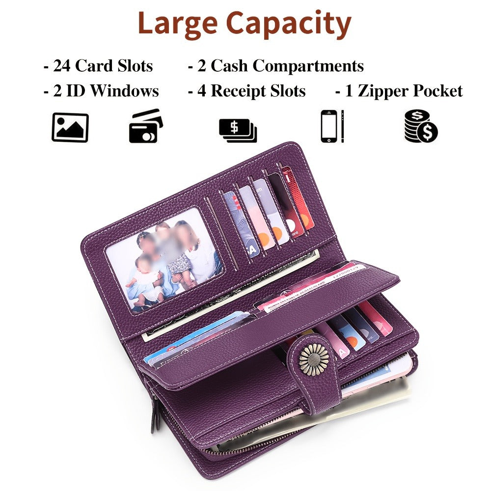 Purple Wallets for Women RFID Blocking, Long Wallet with 24 Card Slots & Phone Pocket, Large Capacity Wristlet Clutch, Gift Box for Daily Use