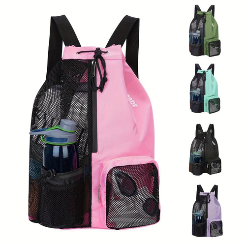 [Quick-Dry Swim Backpack] Quick-Dry Lightweight Swim Backpack with Drawstring Closure | Foldable Gym & Travel Bag, Ergonomic Shoulder Strap, Dry-Wet Separation Compartment, Mesh Pockets - for Pool, Beach, Gym - Durable Polyester