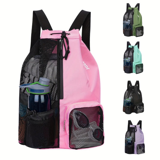 [Quick-Dry Swim Backpack] Quick-Dry Lightweight Swim Backpack with Drawstring Closure | Foldable Gym & Travel Bag, Ergonomic Shoulder Strap, Dry-Wet Separation Compartment, Mesh Pockets - for Pool, Beach, Gym - Durable Polyester