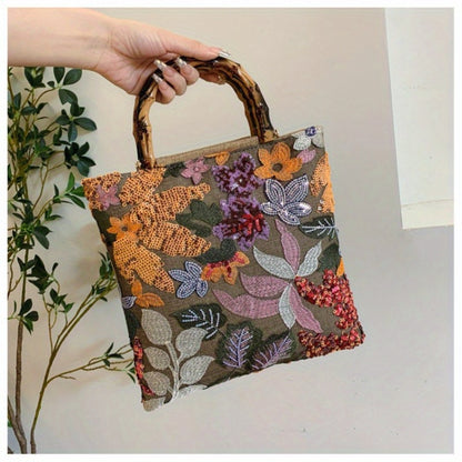 [Retro Bamboo Tote] Premium Retro Bamboo Tote Bag | Women's Hand Carry Heavy Industry Embroidery Color Sequins Tide Dinner Bag