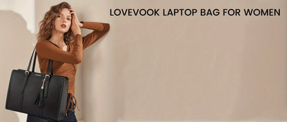 [Canvas Leather Laptop Tote] LOVEVOOK 15.6 inch Canvas Leather Laptop Tote Bag for Women - Computer bag with Clutch Purse for Business, Travel, Casual