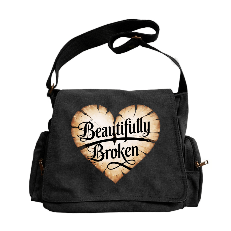 A Spacious Ladies' Shoulder Bag with a Flip-Top Design, Featuring a Vintage Style And a Heart-Shaped Crack Pattern Adorned with The Phrase 'Beautifully Broken'. It'S Perfect for Everyday Use And Travel