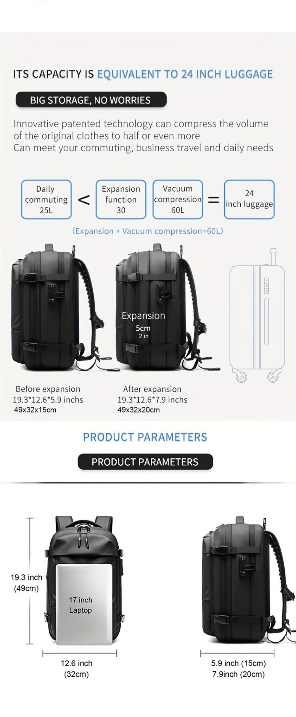 Laptop Backpack – 60L, TSA Lock, Anti-Theft, for Travel | Bag Vero – detail view 14