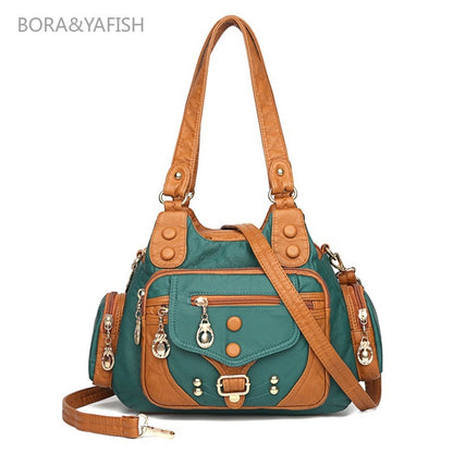 New Contrasting Bag Cross-border Rivet Washed Women's Bag Single-shoulder Cross-body Hand-to-hand Soft Large Capacity Multi-layer