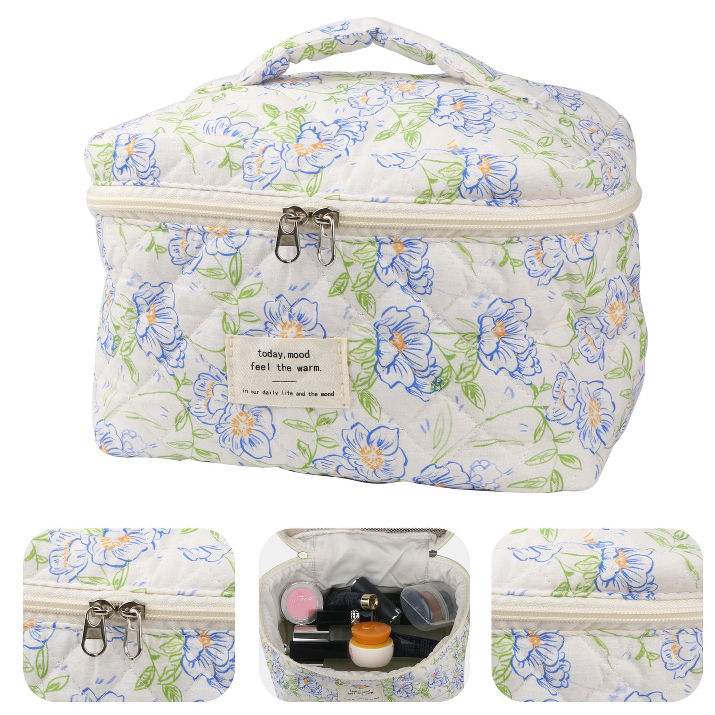 2 Pcs Cute Makeup Bag for Women, Travel Cosmetic Bags, Quilted Coquette Aesthetic Floral Toiletry Organizer Bag