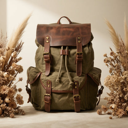Vintage Men'S Leather Backpack, Waxed Canvas Shoulder Bag for Travel, Casual Laptop Bag, Suitable for Both And .