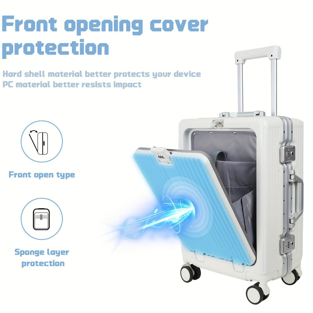 YOUGGELI 1pc 20 Inches Business Luggage Front Opening Computer Compartment Trolley Case, Unique Design Shock Absorption Brake Wheel, Travel Password Boarding Case, With Spinner Wheel