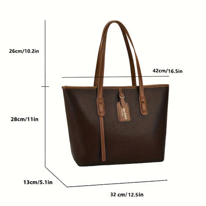 Women's Minimalist Large Capacity Tote Bag - Black with Brown Accents, Durable & Zipper Closure, Sturdy Fixed Shoulder Straps for Office, Commute, Work & Casual Use