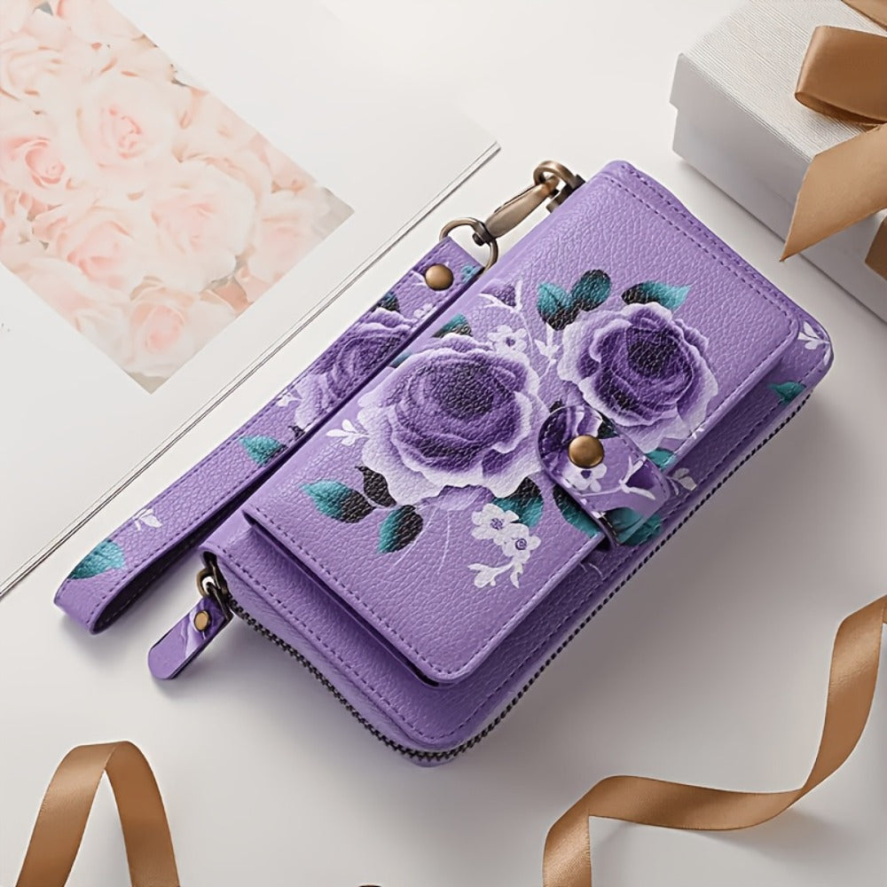 1 Random Floral Pattern Wallet (Purple Floral Design with Random Placement), Featuring Elegant Wristlet Design, Large Capacity Long Zipper Clutch, Multi-Card Slots Coin Purse, Women'S Multi-Functional Travel Wallet