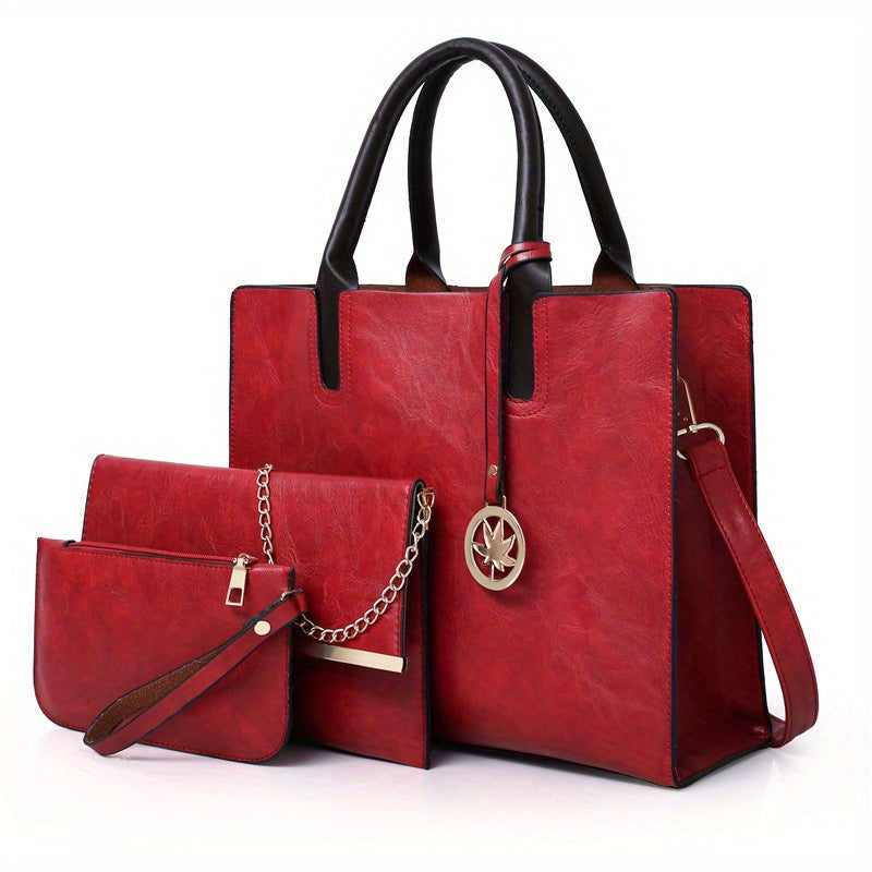 Set of 3 Vintage-Inspired Women'S Bags - Includes a Tote with Chain, a Crossbody Bag, And a Coin Purse