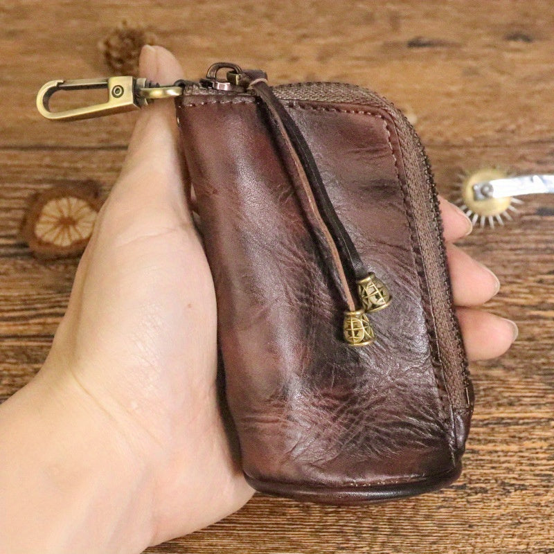 Men'S Leather Key Holder - Vintage Style Waist Bag Made of Cowhide, Spacious Bucket Design, Versatile Zippered Wallet for Keys, Ideal Valentine'S Day Gift, Includes Money Clip And Coin Pouch