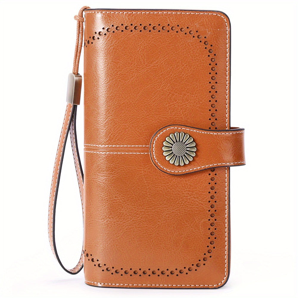Wallets for Women RFID Blocking, Long Genuine Leather Wallet with 24 Card Slots & Phone Pocket, Large Capacity Zipper Wristlet, Gift Box for Daily Use, Sunflower Print