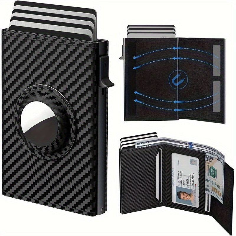 Premium Genuine Leather & Carbon Fiber Men's Wallet with RFID Blocking, AirTag Slot, Pop-Up Card Case-Ultra-Slim Design Holds 14 Cards+ID Window & Cash Pocket (AirTag Not Included)