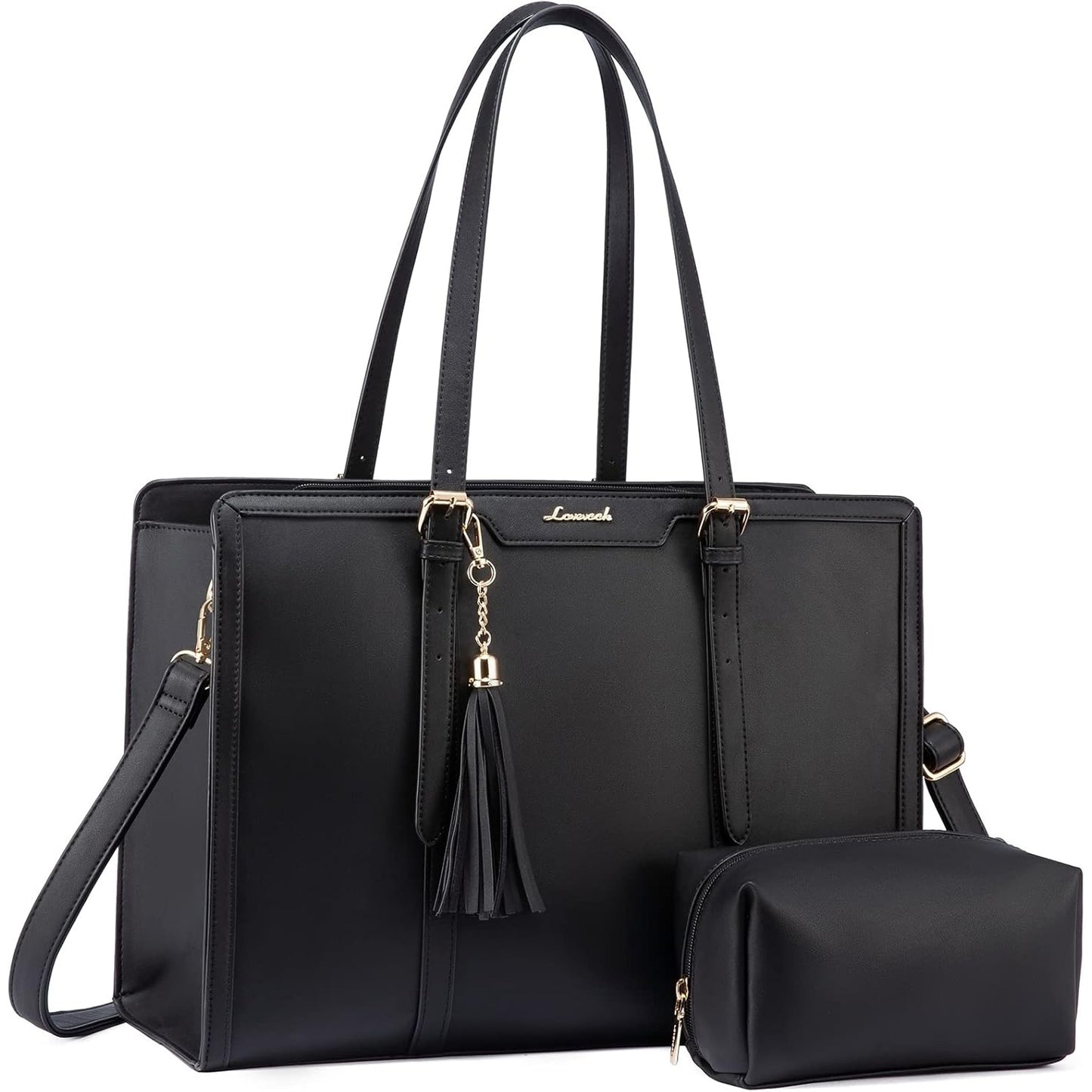 [Canvas Leather Laptop Tote] LOVEVOOK 15.6 inch Canvas Leather Laptop Tote Bag for Women - Computer bag with Clutch Purse for Business, Travel, Casual