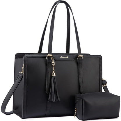 [Canvas Leather Laptop Tote] LOVEVOOK 15.6 inch Canvas Leather Laptop Tote Bag for Women - Computer bag with Clutch Purse for Business, Travel, Casual