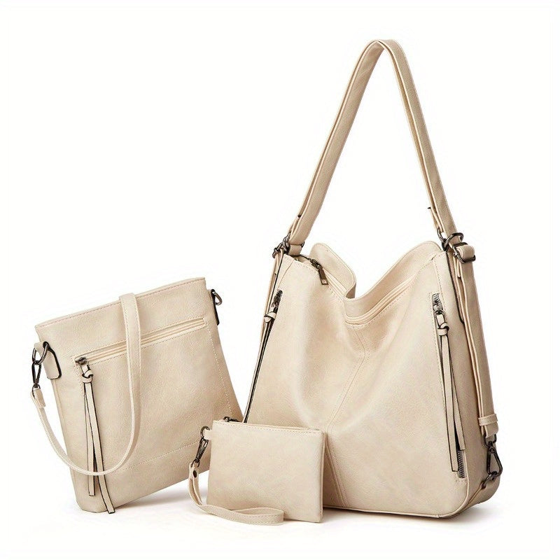 3pcs Women's Set Bag - Large Capacity Solid Color Shoulder Bag Set Backpack Multiple Ways to Carry Daily Commute