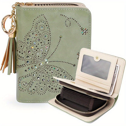 Wallet Women RFID Blocking Small Wallets With Cash Clutch Compact Bifold With Zipper Coin Pocket Ladies Credit Card Holder Glittery Butterfly Travel Purse With Tassel GREEN Mom Gift Tote Essential Daily
