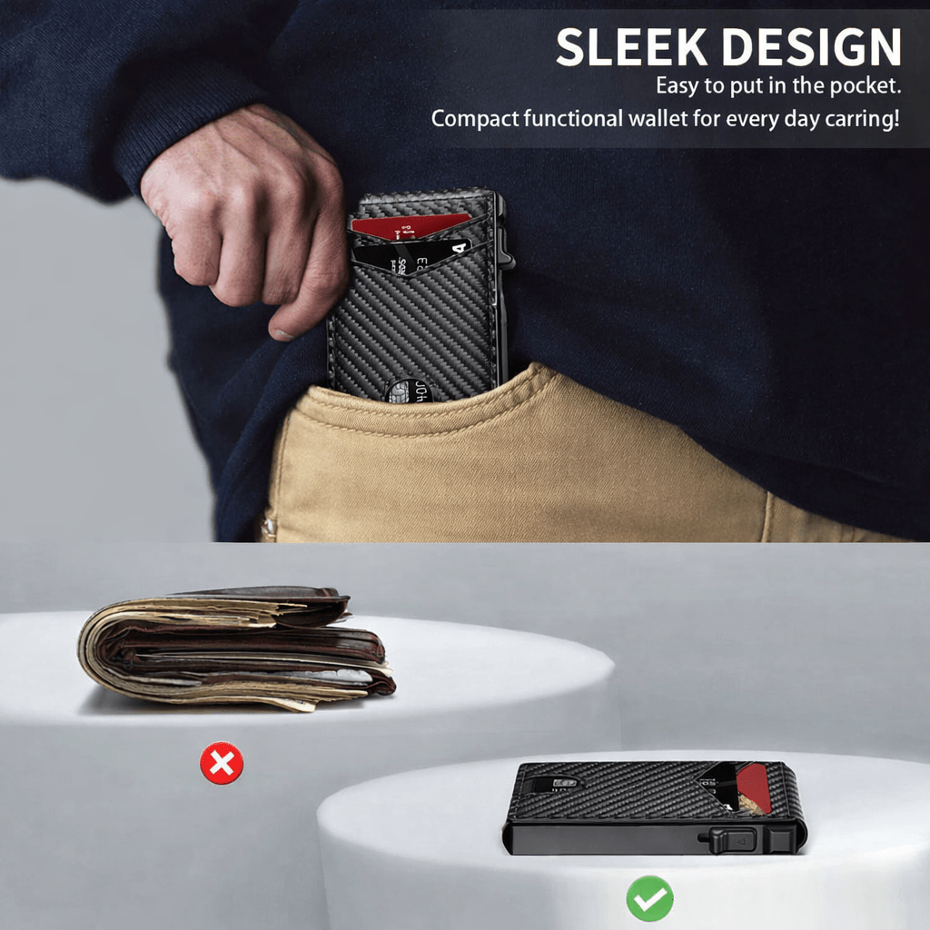 RFID-Blocking Men’s Bifold Pop-Up Wallet – Premium Carbon Fiber Slim Design with Magnetic Lock, Money Clip, and Transparent ID Window, Featuring Quick Card Access, Multi-Functional Storage, and Modern Minimalist Style, Perfect Everyday Wallet and Great Gi