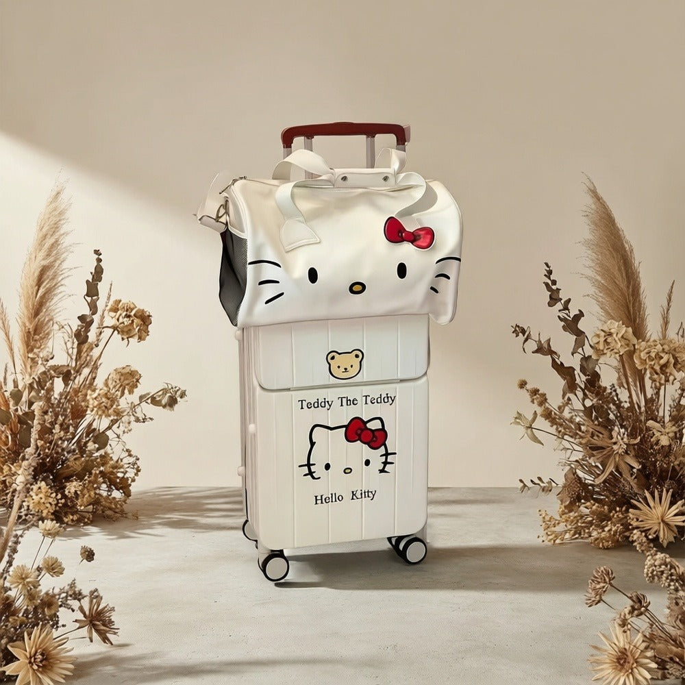 Large-Capacity Cute Cat Hellokitty Style Travel Bag, Hand-Held And Cross-Body Dual-Purpose Fitness Bag, Classic Red Butterfly Knot Cute Design. with Side Zipper Pockets, Can Be Attached to The Suitcase Handle, Suitable for Travel