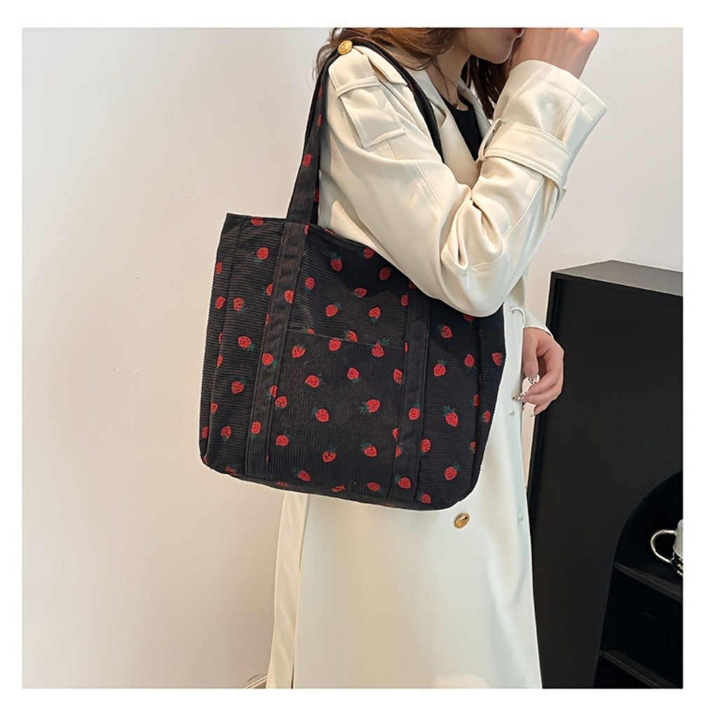 Women' Large Capacity Corduroy Tote Bag with Strawberry Pattern - /// Casual Handbag, Zipper Closure & - Corduroy Shoulder Bag for, Travel, Shopping