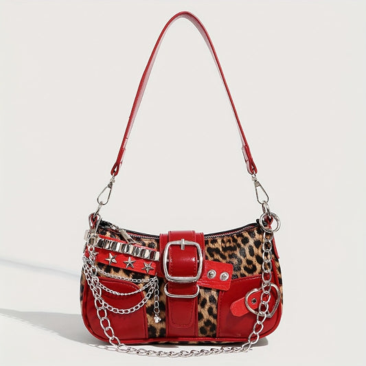 1pc Y2K-Inspired Red & Leopard Print Shoulder Bag with Chain Strap, Magnetic Closure, and Star Accents - Trendy Single-Strap Crossbody Bag for Women, Trendy Accessory | Playful Accessory | Durable Zippers, Shoulder Bag