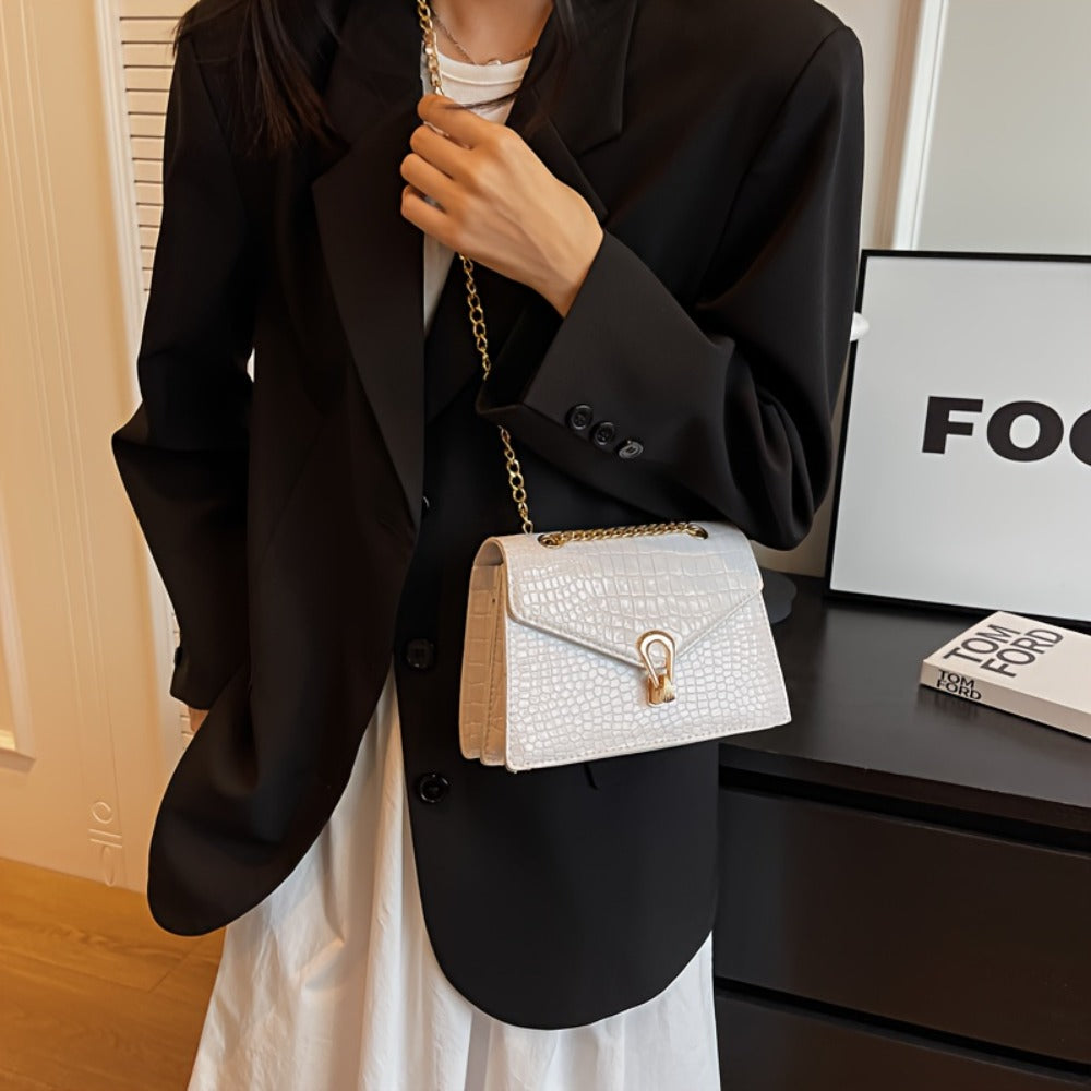 Pink Snake Print Crossbody BagFor Women, Stylish Women's Crocodile Pattern Handbag - Black Shoulder Bag With Detachable Strap Golden-Tone Hardware & Chain Strap, Crossbody Bag Purse Christmas Bags For Gifts Christmas Gift Bags