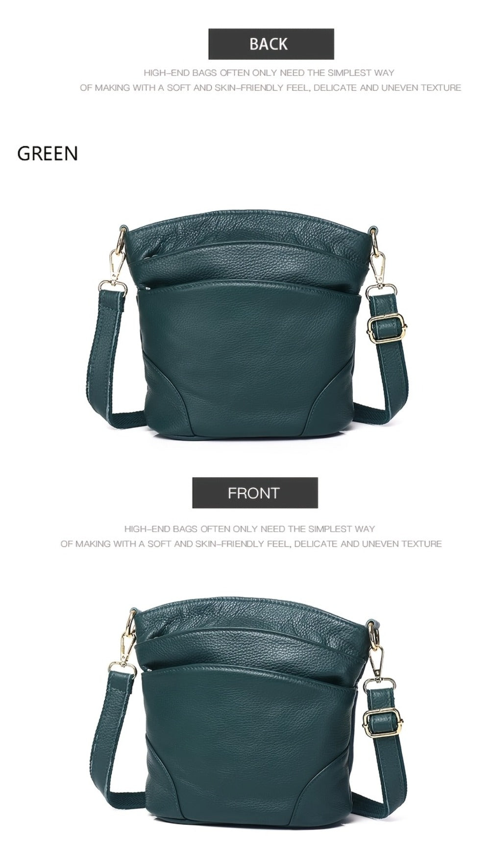 [Elegant Style] Genuine Leather Women'S Crossbody Bag, Double Pockets, Detachable Shoulder Strap, Zipper Closure, Multi-Functional Shoulder Bag, Satchel Bag