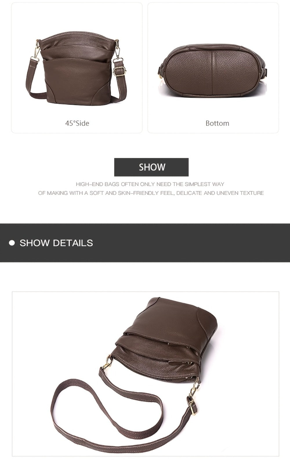 [Elegant Style] Genuine Leather Women'S Crossbody Bag, Double Pockets, Detachable Shoulder Strap, Zipper Closure, Multi-Functional Shoulder Bag, Satchel Bag