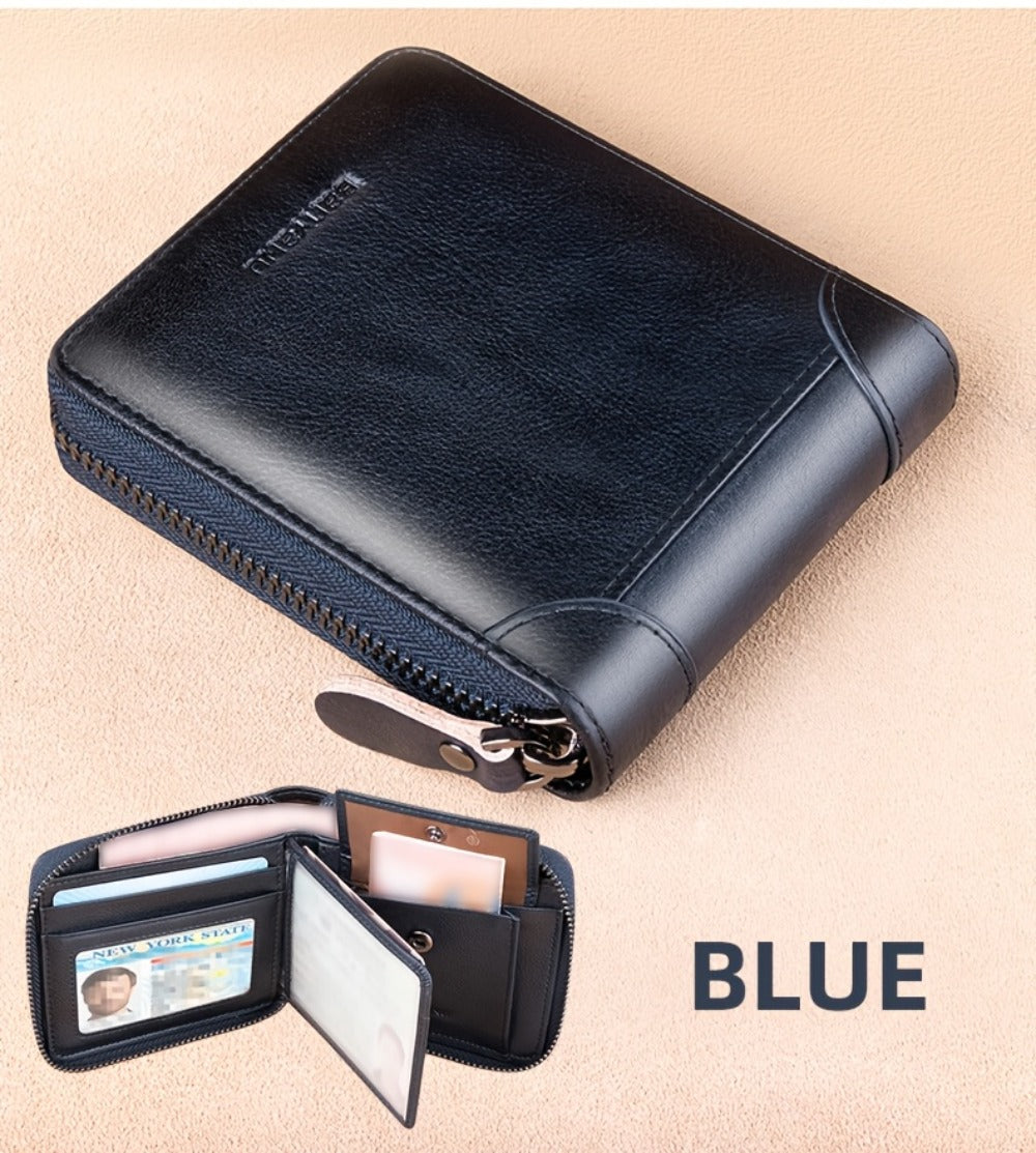 BANYANU Retro Men's Leather Zipper Wallet RFID Large Capacity Folding Multi Card Head Layer Leather Wallet Can Put Coins Wallet Father's Day Valentine's Day Gift 8 Card Slots
