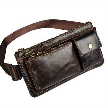 Stylish Retro Authentic Leather Hip Bag, Slim Phone Pouch, Vintage Crossbody Purse
