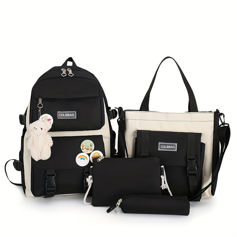 4pcs Easy Casual Backpack Large Capacity Schoolbag Travel Bag Canvas Shoulder Bag, for Teenager, For Teenager