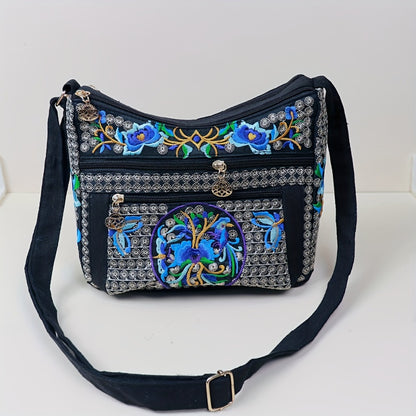 Retro Bohemian Flower Pattern Shoulder Bag, Classic Retro Zipper Crossbody Bag, Birthday Gift for Mom