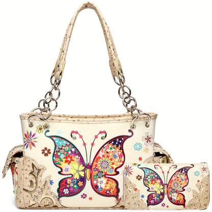 Butterfly Flower Western Hidden Spring Handbag, Country Tote Bag, Women's Shoulder Bag and Wallet Set, Ideal Christmas Gift