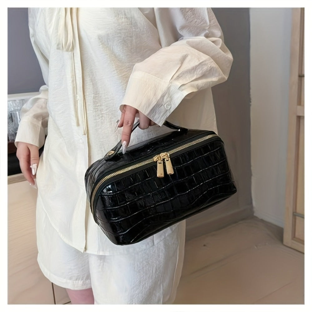 Travel Makeup Bag Crocodile Pattern Women's PU Portable Cosmetic Bag Luxury Golden Zipper Portable Organizer Storage Bag Large Capacity