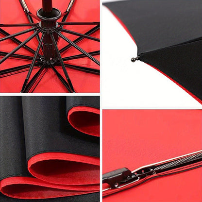 Large And Sturdy 10-Rib Design Black And Red Windproof Gear Shift Sunshade Umbrella, Automatic Folding And Opening Umbrella