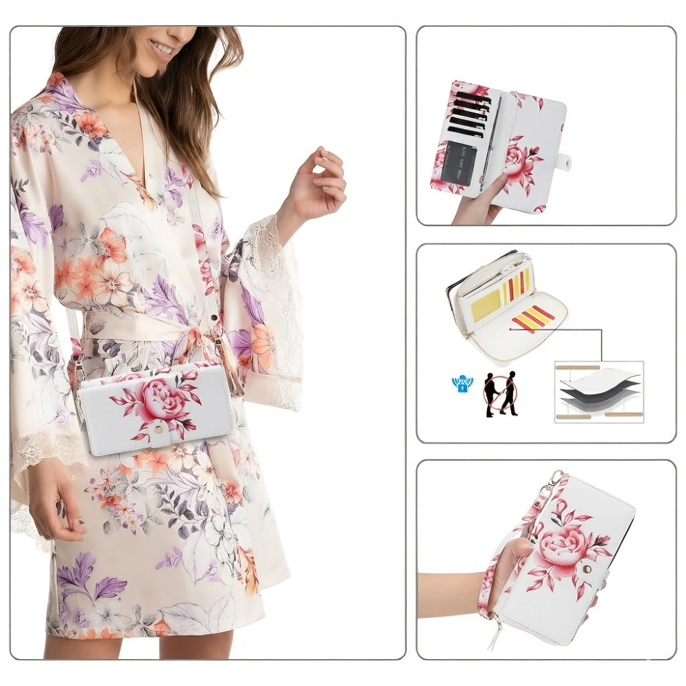 1pc Elegant Floral Clutch Wallets for Women- Zipper Handbag Fashion Large Capacity Long Wallet Clutch Bag Phone Bag Multi-card Card Holder Coin Purse for Women Wallet Set