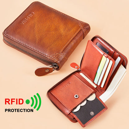 Men'S Genuine Leather Zipper Wallet RFID Secure Large Capacity Double Fold Multi-Card Top Layer Leather Wallets for Men And Coin Purse Christmas Father'S Day/Valentine'S Day/Anniversary Gift The Set Includes a Greeting Card