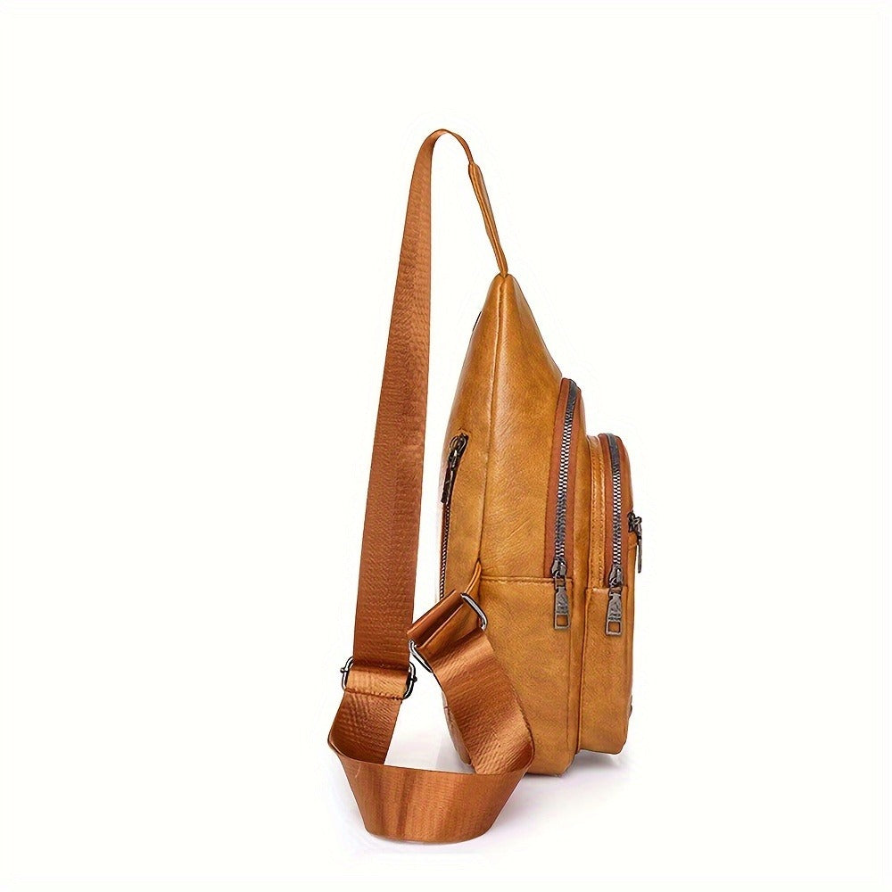Men'S Chest Bag Sling Backpack Faux Leather Retro Crossbody Bag Shoulder Bag Unisex Soft Faux Leather