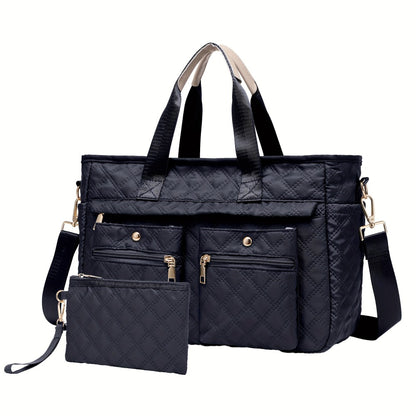 Set of 2 Quilted Nylon Tote Bags for Women, Roomy And Sturdy Laptop Carrier, Versatile Handbag for Work, Travel, Gym, And Daily Needs
