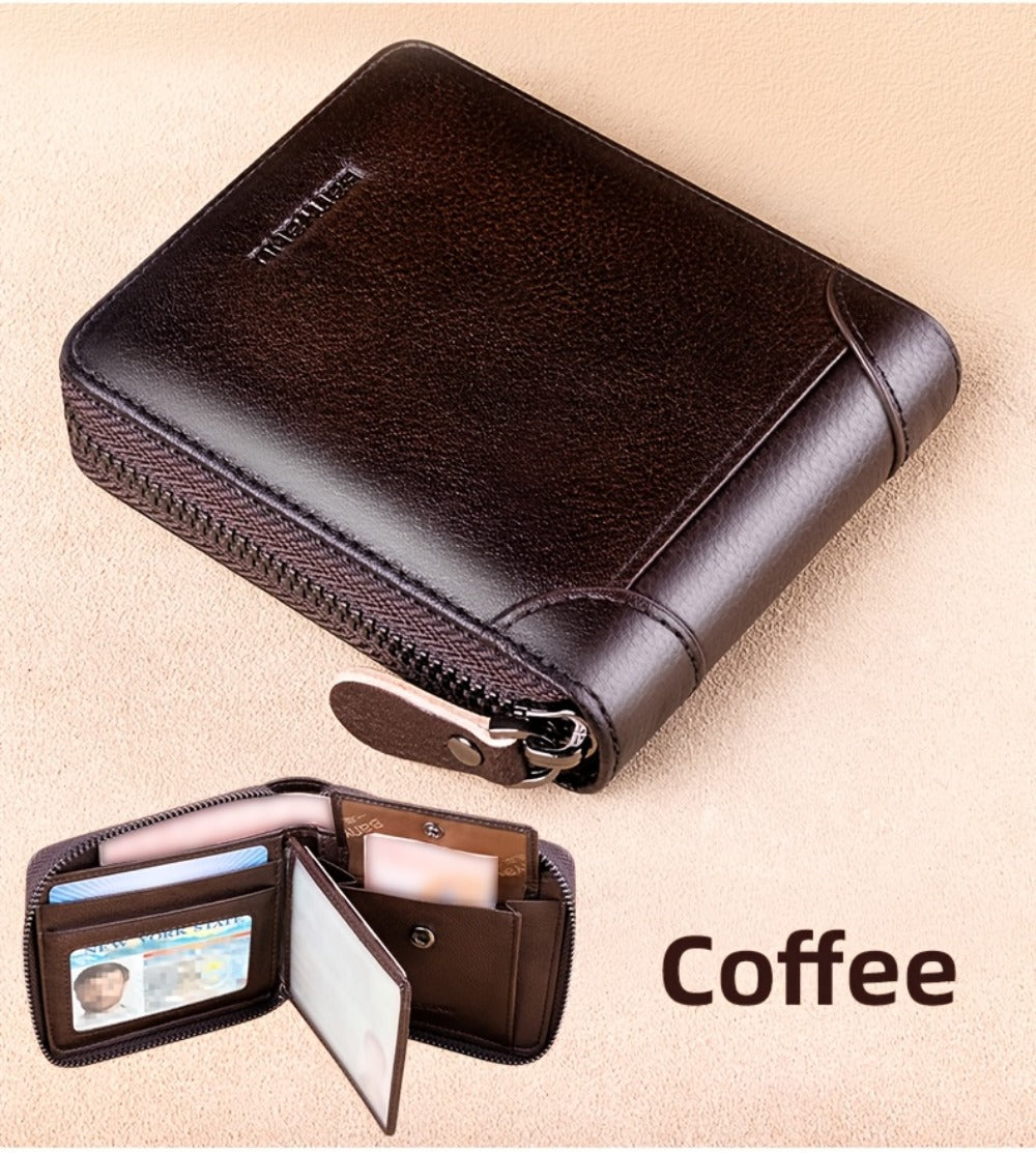 BANYANU Retro Men's Leather Zipper Wallet RFID Large Capacity Folding Multi Card Head Layer Leather Wallet Can Put Coins Wallet Father's Day Valentine's Day Gift 8 Card Slots