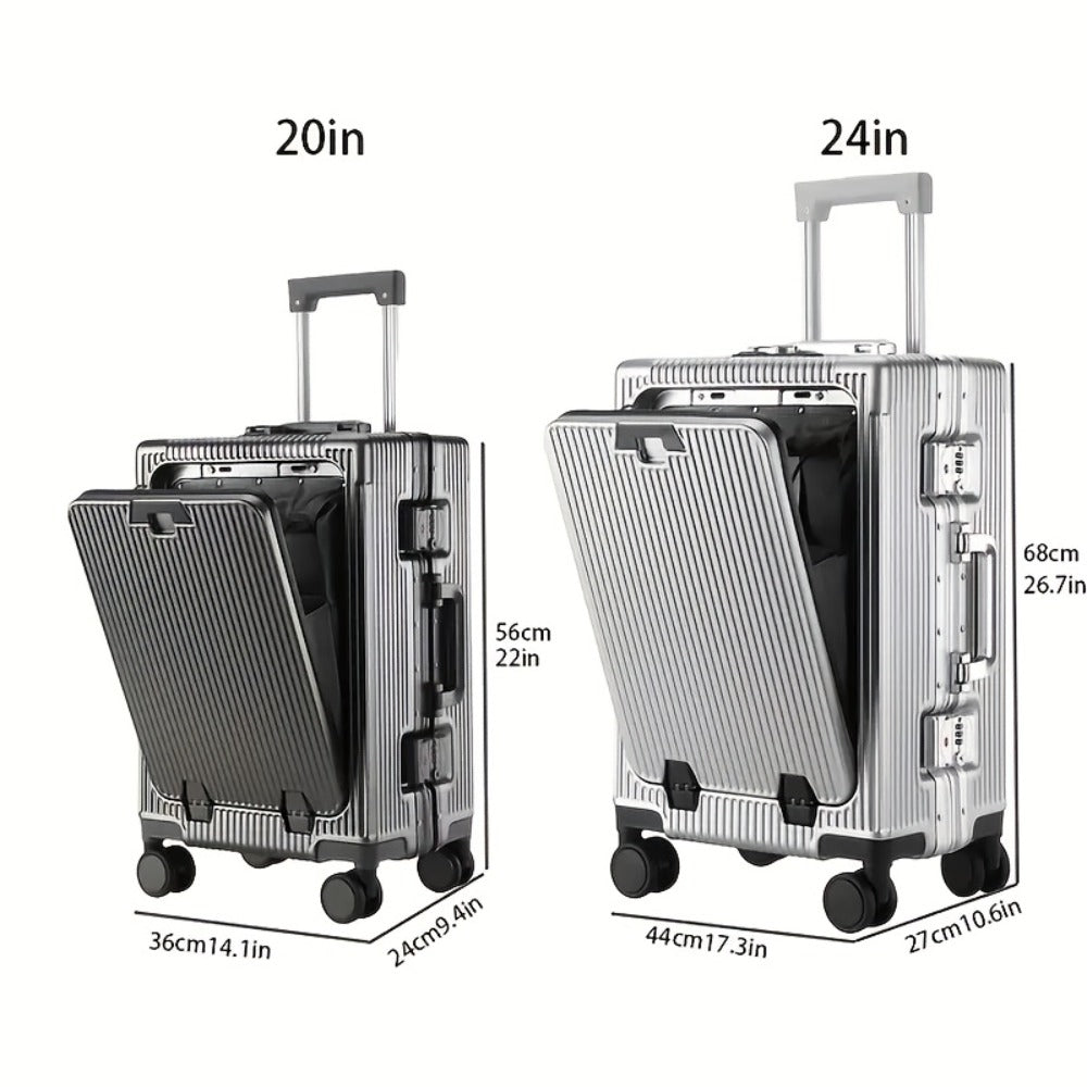 1pc Front Opening 20-Inch Spinner Luggage Suitcase with USB Port And Cup Holder And Phone Holder, Versatile Aluminum Framed Carry-On Luggage with Wheels And Laptop Compartment Pocket, High-Value Durable Hardside Luggage, Password Lock Trolley Case